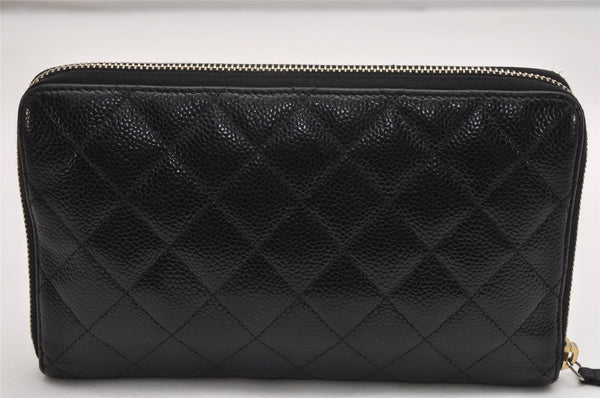 Authentic CHANEL Caviar Skin Matelasse Long Wallet Purse CC Logo Black 0032K