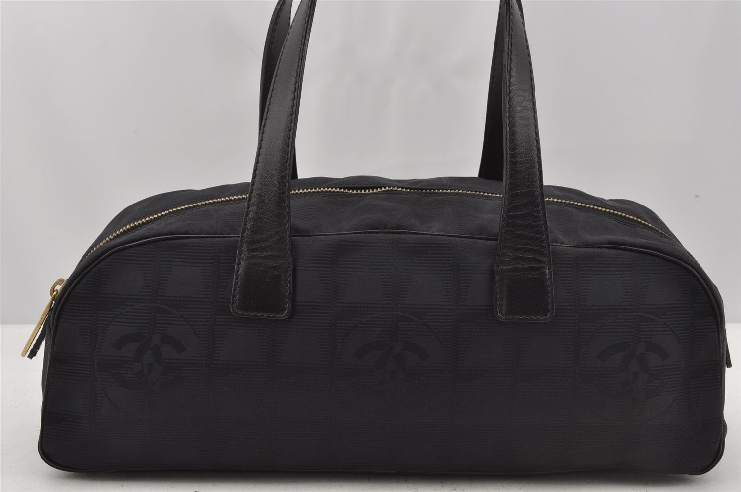 Authentic CHANEL New Travel Line Shoulder Hand Bag Nylon Leather Black 0033J