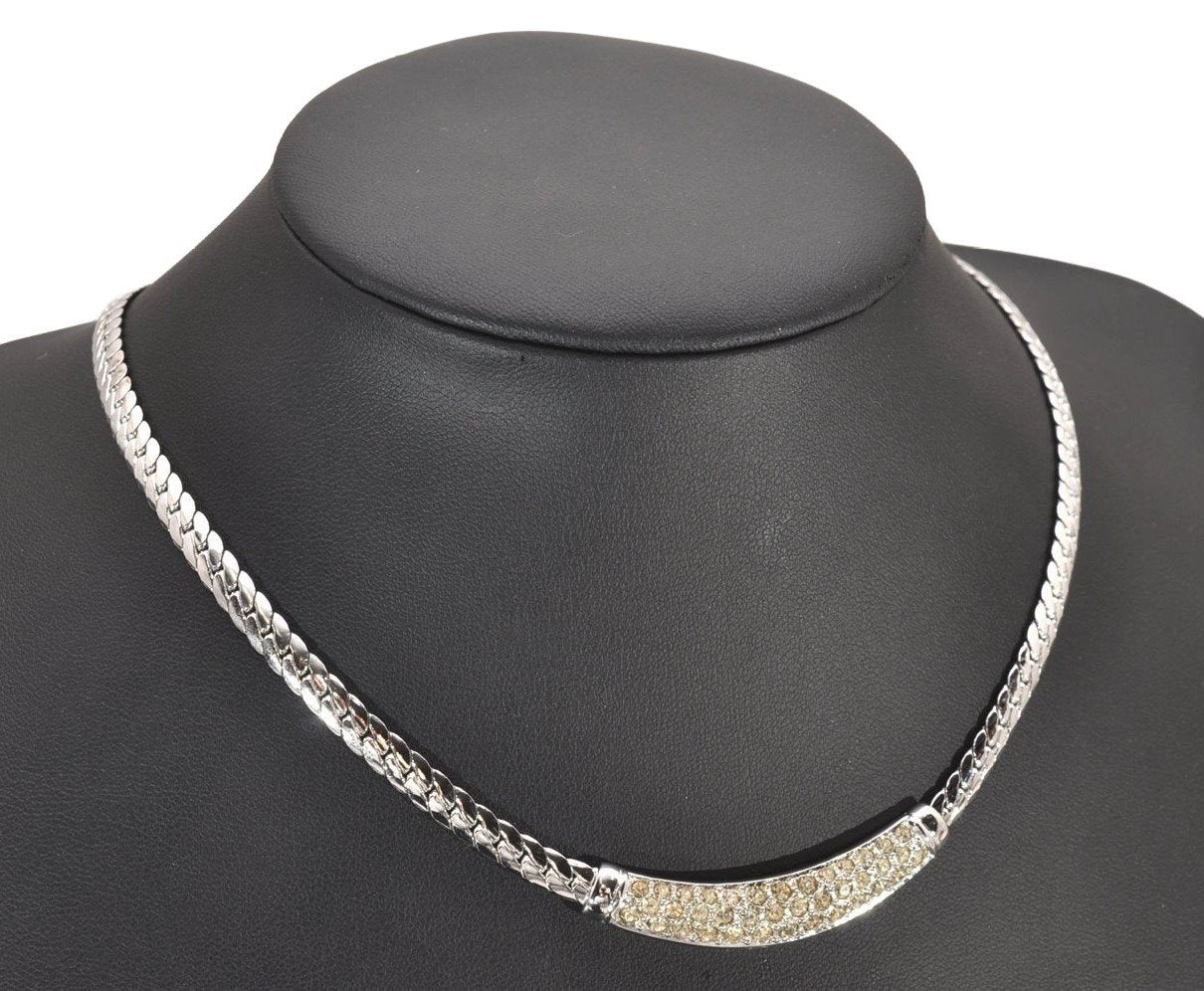 Authentic Christian Dior Silver Tone Chain Rhinestone Necklace CD 0041J