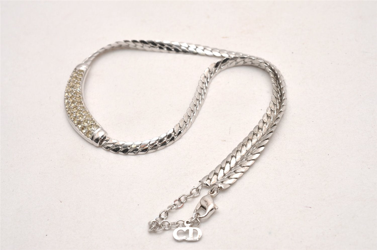 Authentic Christian Dior Silver Tone Chain Rhinestone Necklace CD 0041J