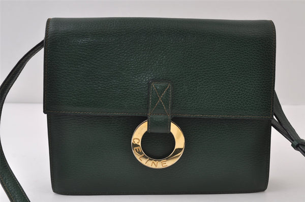 Authentic CELINE Vintage Shoulder Cross Body Bag Purse Leather Green 0045J