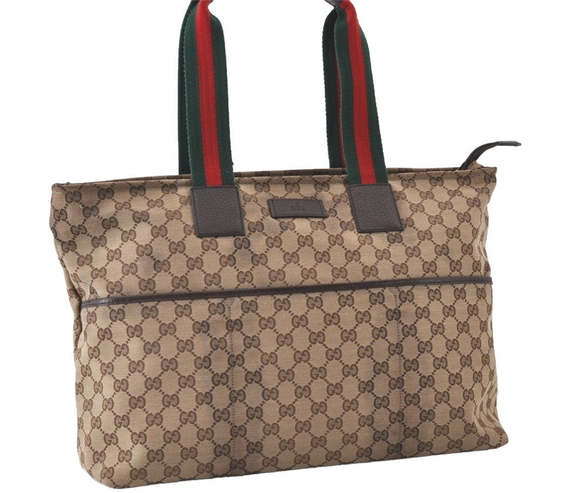 Authentic GUCCI Web Sherry Line Tote Bag GG Canvas Leather 155524 Brown 0047J