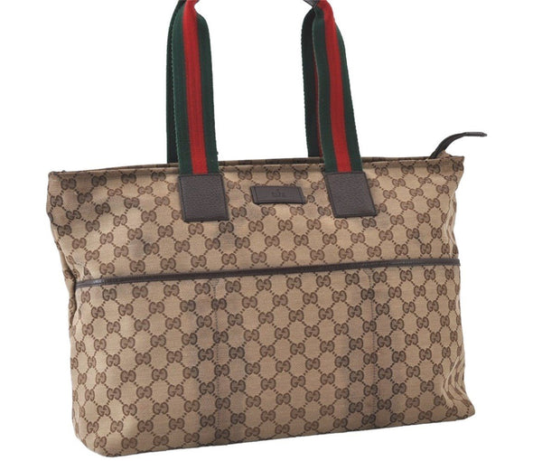 Authentic GUCCI Web Sherry Line Tote Bag GG Canvas Leather 155524 Brown 0047J