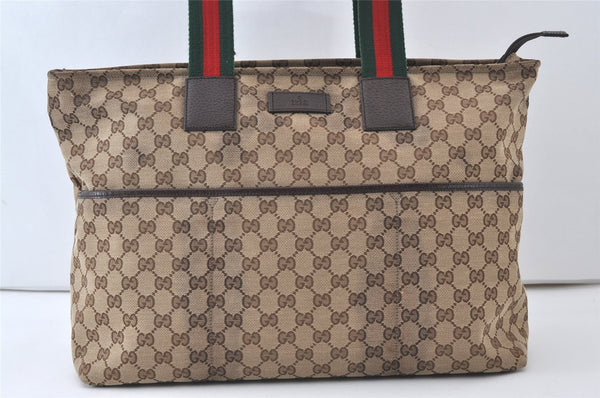 Authentic GUCCI Web Sherry Line Tote Bag GG Canvas Leather 155524 Brown 0047J