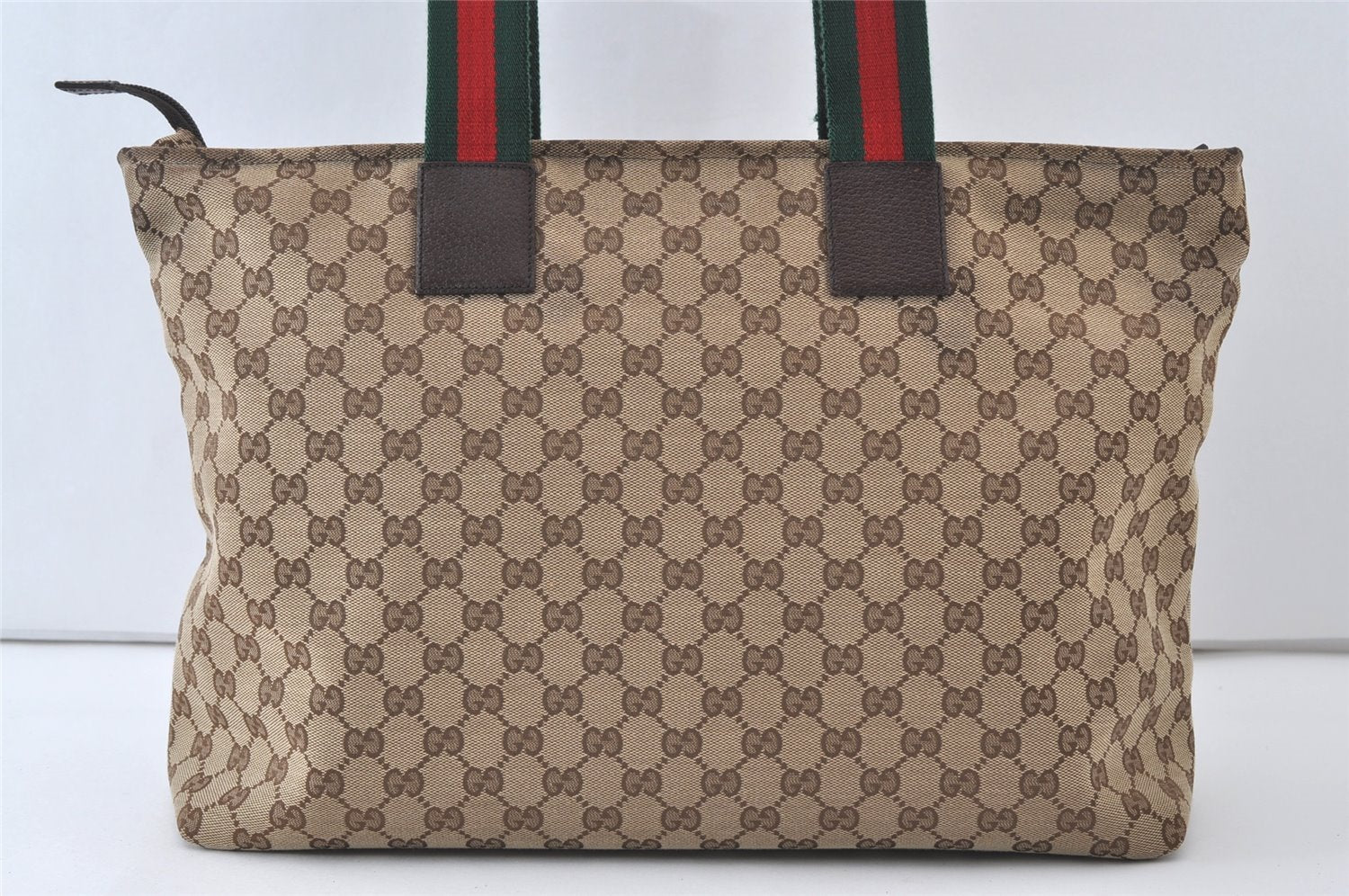 Authentic GUCCI Web Sherry Line Tote Bag GG Canvas Leather 155524 Brown 0047J