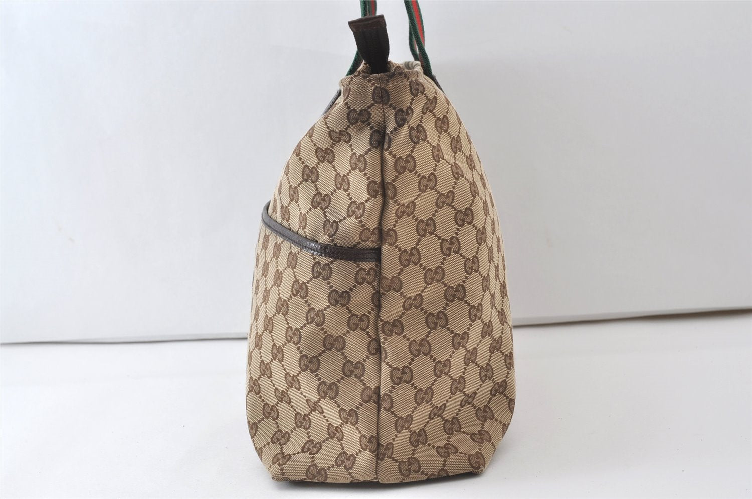 Authentic GUCCI Web Sherry Line Tote Bag GG Canvas Leather 155524 Brown 0047J