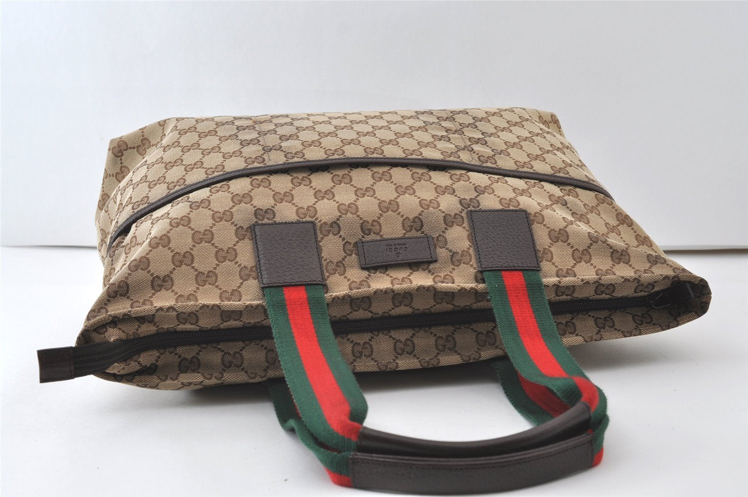 Authentic GUCCI Web Sherry Line Tote Bag GG Canvas Leather 155524 Brown 0047J