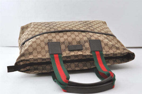 Authentic GUCCI Web Sherry Line Tote Bag GG Canvas Leather 155524 Brown 0047J