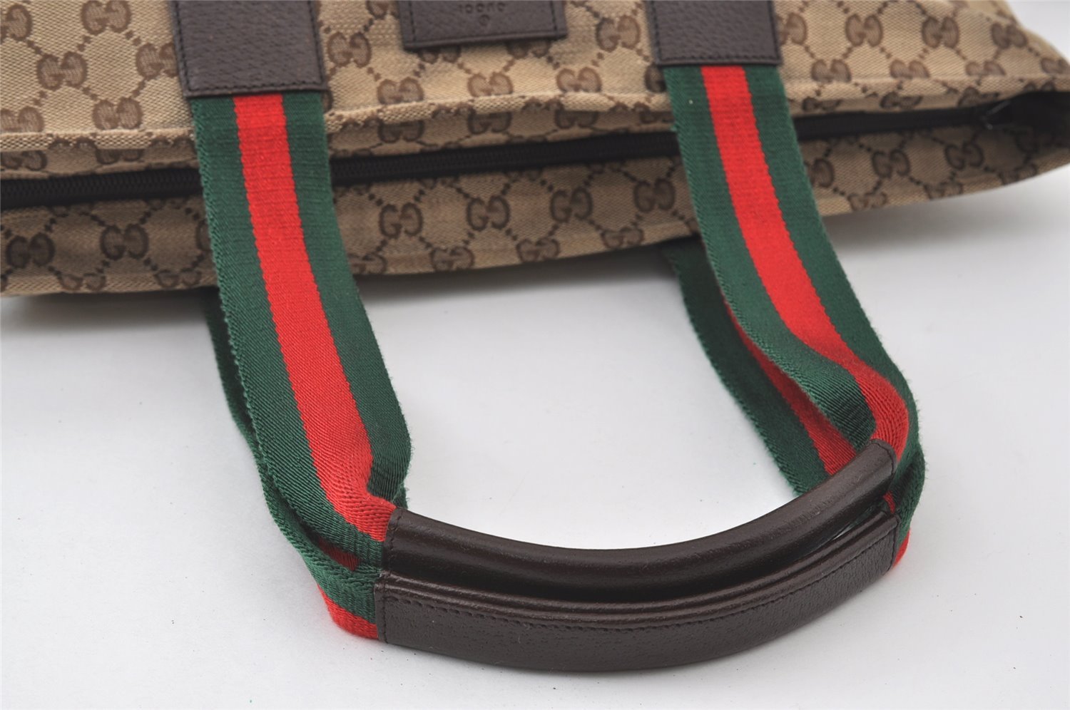 Authentic GUCCI Web Sherry Line Tote Bag GG Canvas Leather 155524 Brown 0047J