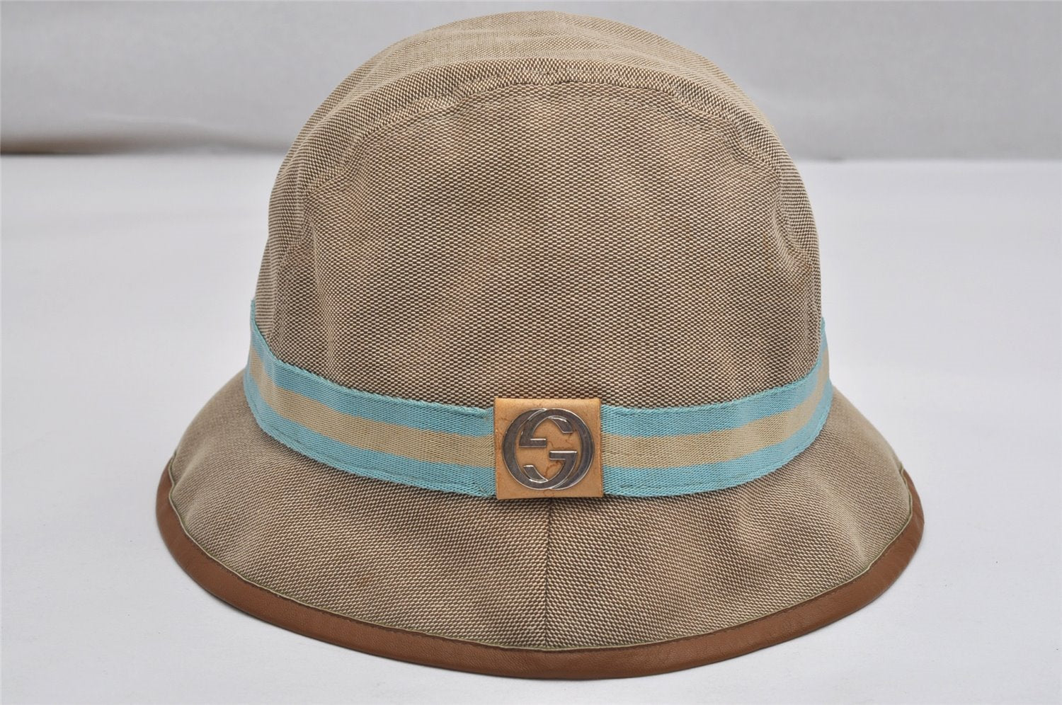 Authentic GUCCI Sherry Line Bucket Hat Canvas Leather Size L Beige 0049K