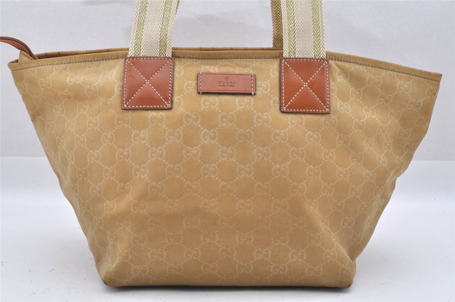 Authentic GUCCI Vintage Shoulder Tote Bag GG Nylon Leather 131230 Beige 0050J
