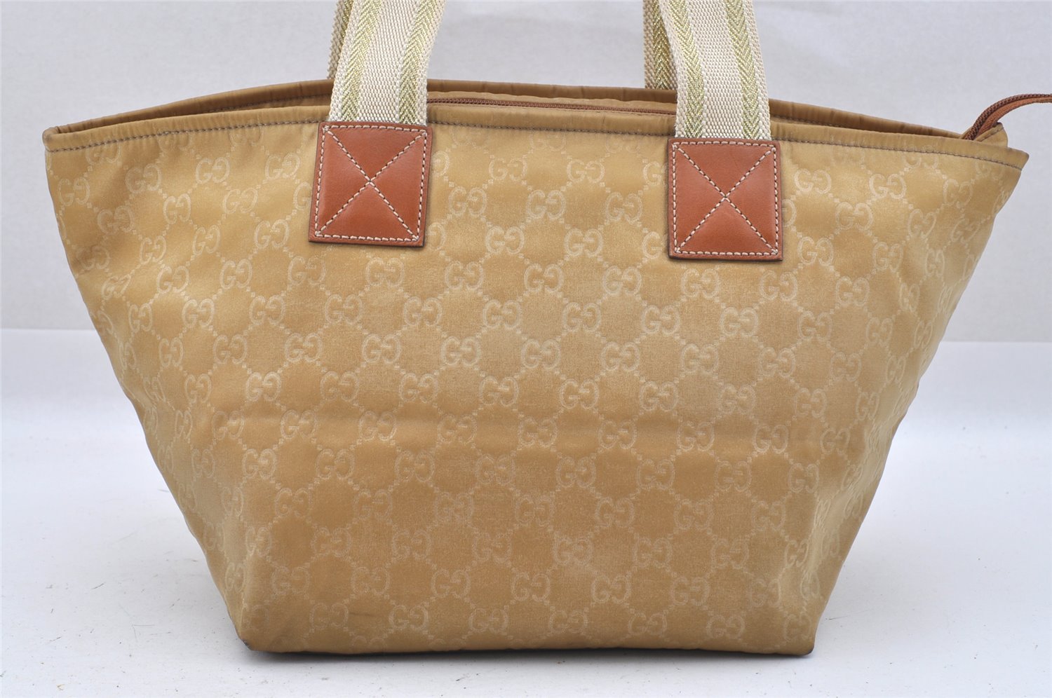 Authentic GUCCI Vintage Shoulder Tote Bag GG Nylon Leather 131230 Beige 0050J