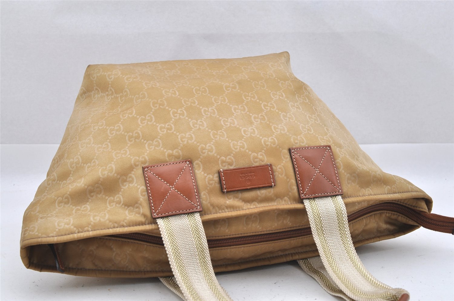 Authentic GUCCI Vintage Shoulder Tote Bag GG Nylon Leather 131230 Beige 0050J