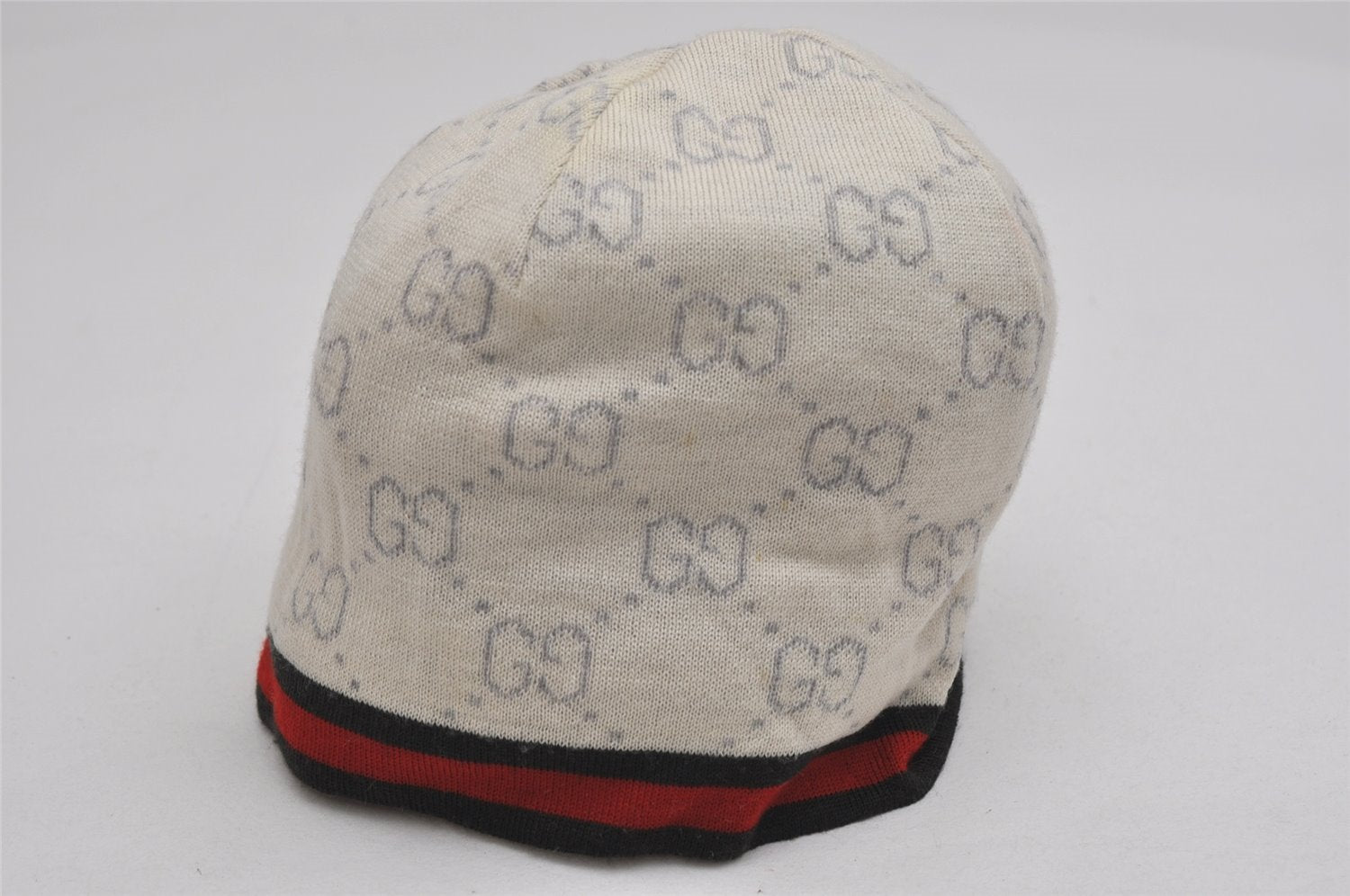 Authentic GUCCI Sherry Line Beanie Knit Cap For Baby GG Wool Size L White 0050K