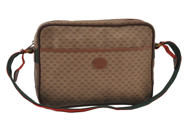 Authentic GUCCI Web Sherry Line Micro GG PVC Leather Shoulder Bag Brown 0051J