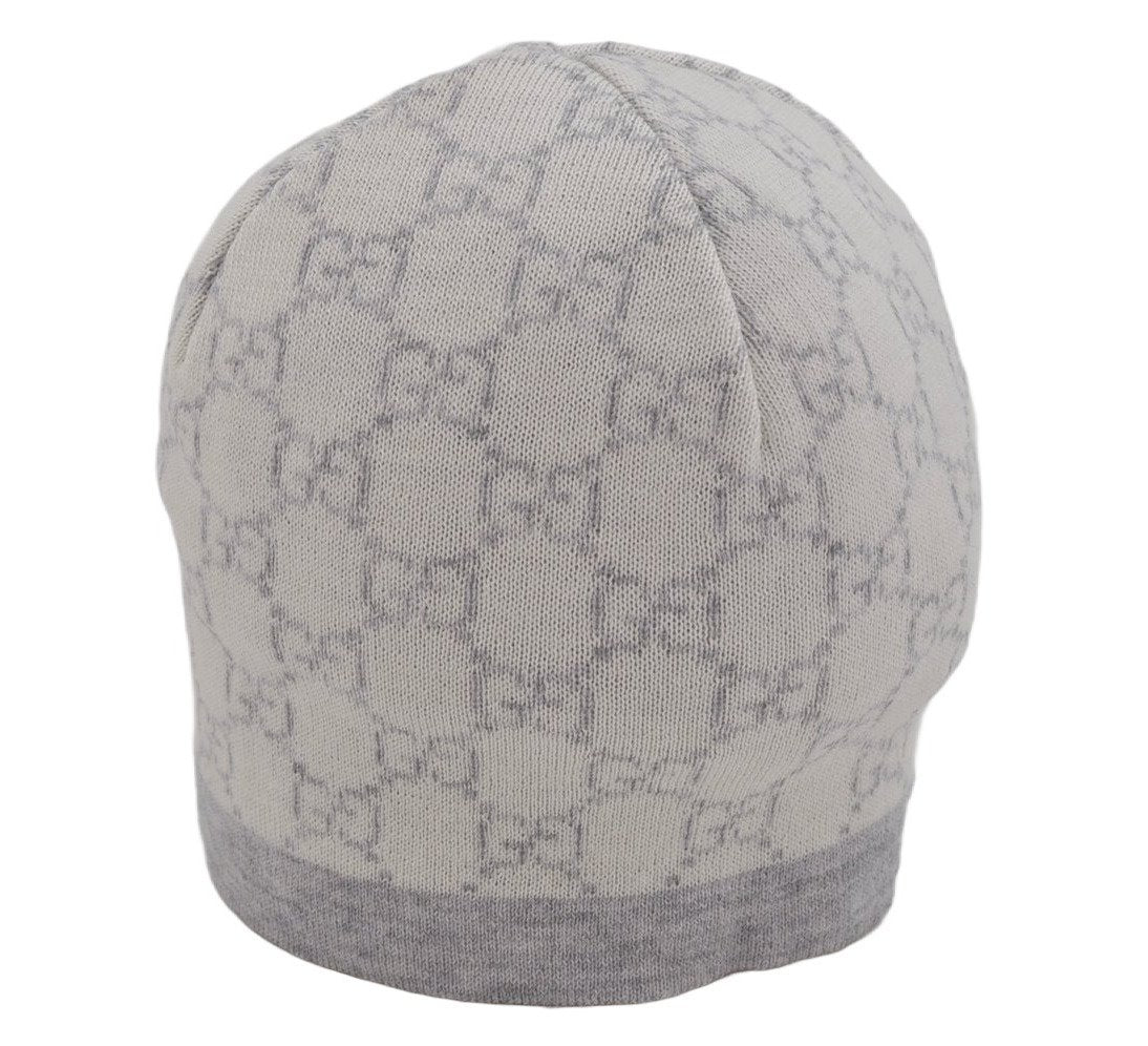 Authentic GUCCI Vintage Beanie Knit Cap For Baby GG Wool Size M White Gray 0053K
