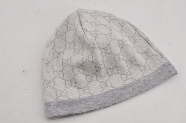 Authentic GUCCI Vintage Beanie Knit Cap For Baby GG Wool Size M White Gray 0053K