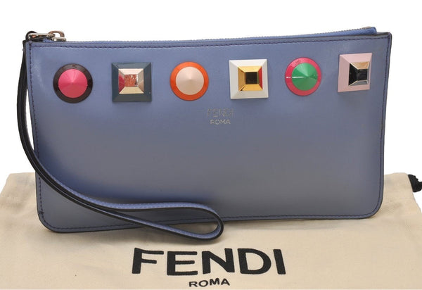 Authentic FENDI Rainbow Studs Flat Pouch Purse Leather Light Blue 0056J