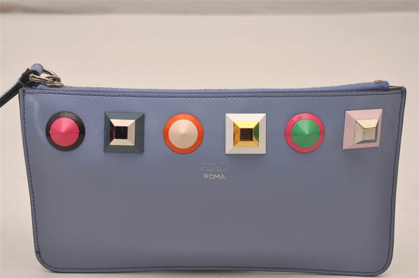 Authentic FENDI Rainbow Studs Flat Pouch Purse Leather Light Blue 0056J