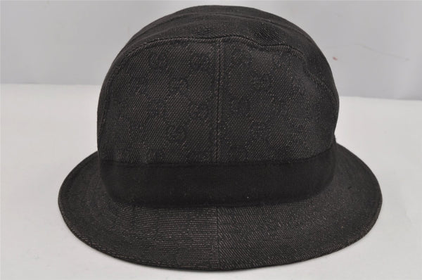 Authentic GUCCI Vintage Bucket Hat GG Canvas Leather Size XL Black 0056K