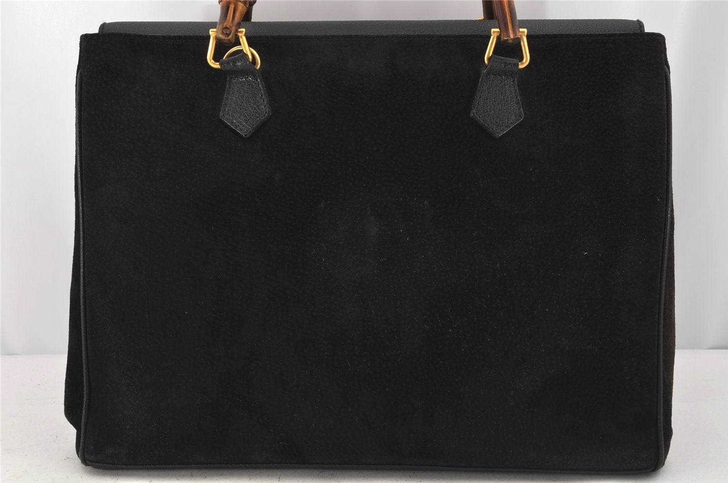 Authentic GUCCI Vintage Bamboo Shoulder Hand Bag Suede Leather Black 0061K