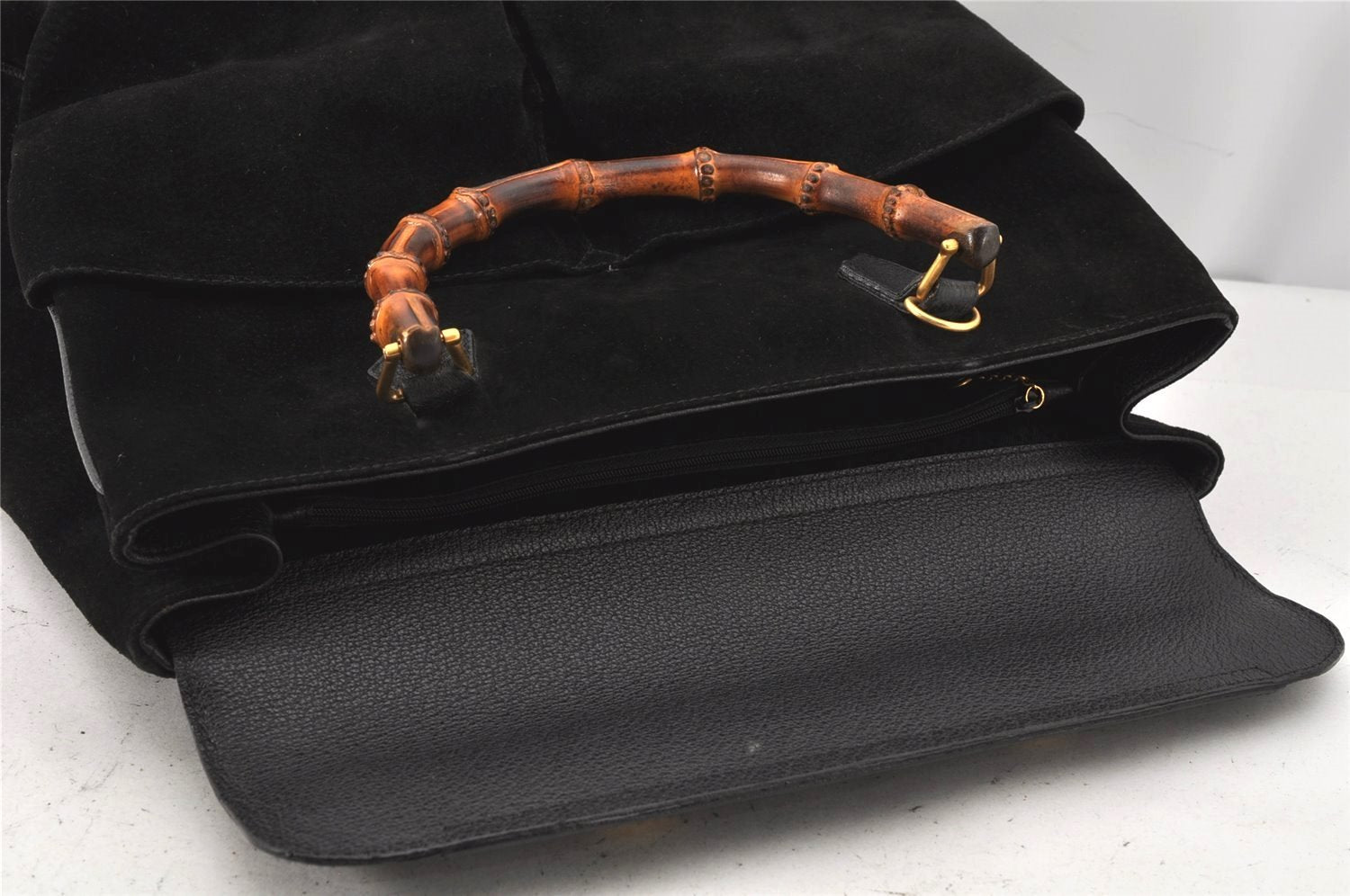 Authentic GUCCI Vintage Bamboo Shoulder Hand Bag Suede Leather Black 0061K