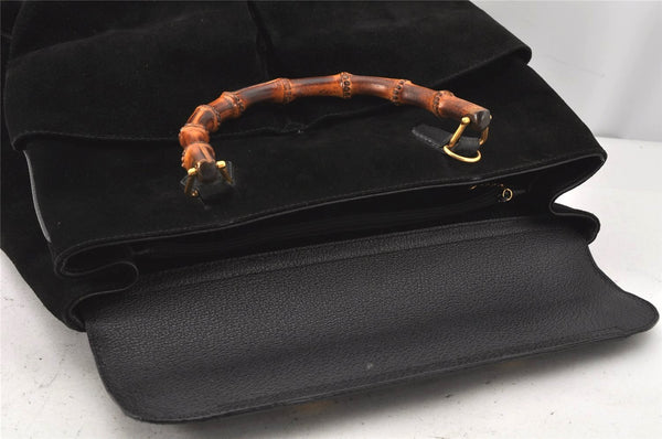 Authentic GUCCI Vintage Bamboo Shoulder Hand Bag Suede Leather Black 0061K