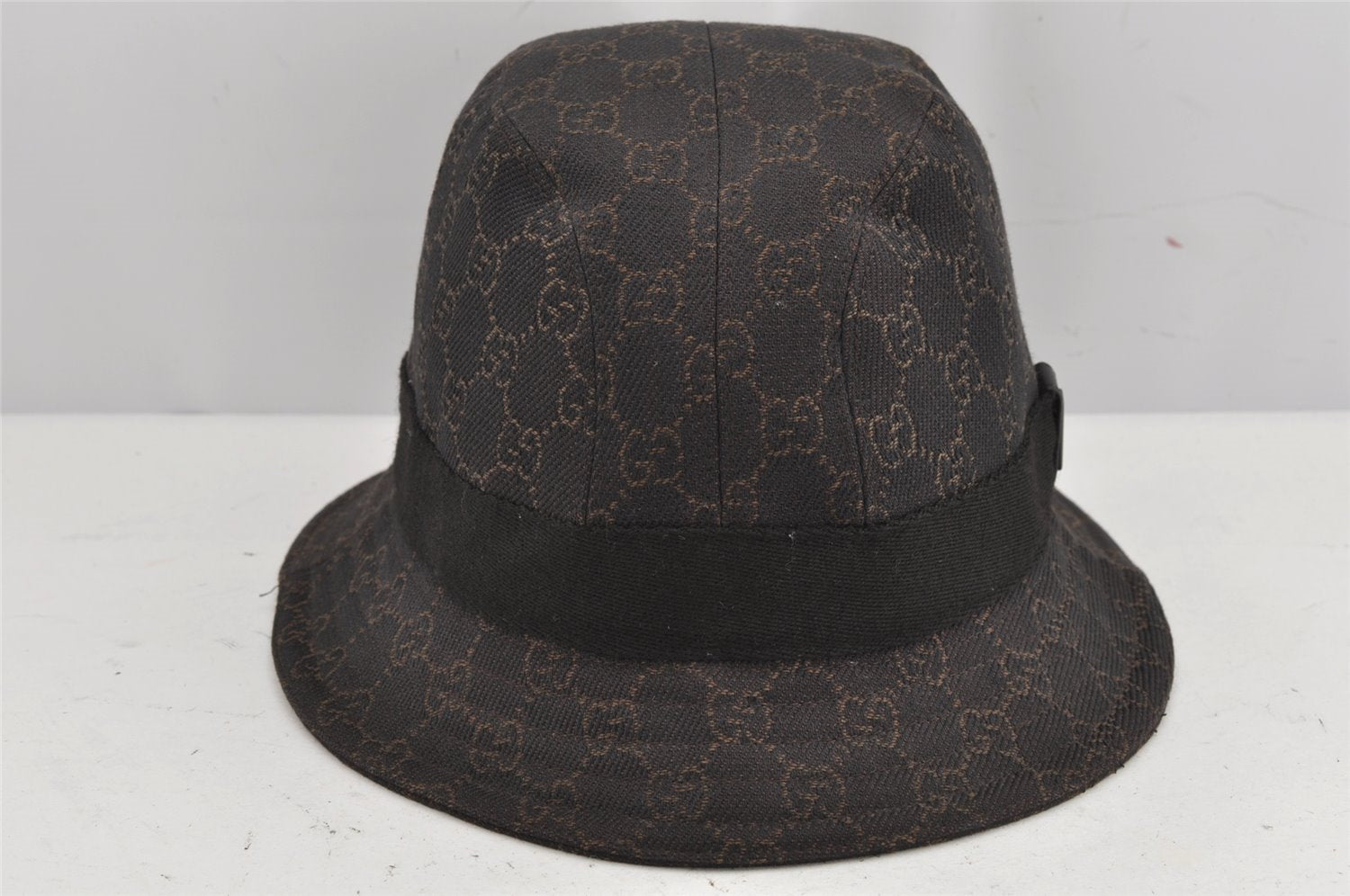 Authentic GUCCI Vintage Bucket Hat GG Canvas Leather Size L Brown 0062K