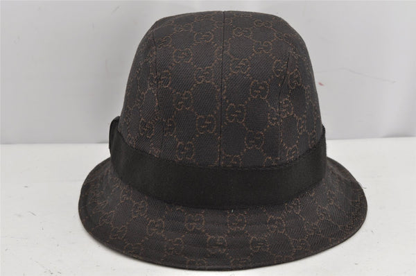 Authentic GUCCI Vintage Bucket Hat GG Canvas Leather Size L Brown 0062K