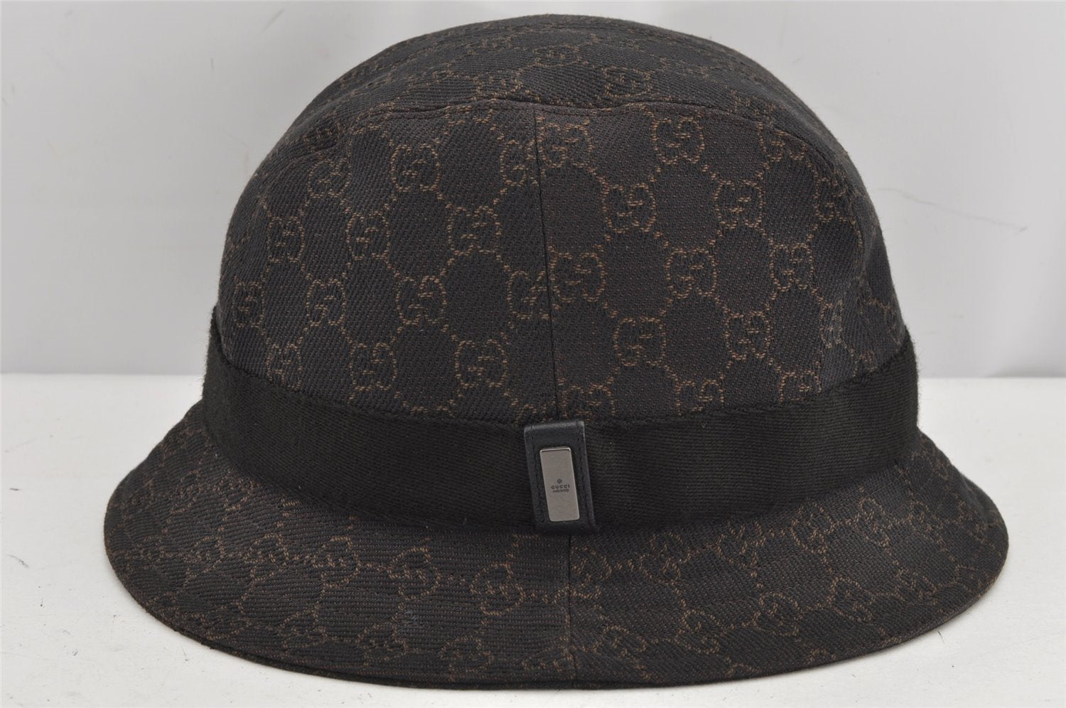 Authentic GUCCI Vintage Bucket Hat GG Canvas Leather Size L Brown 0062K