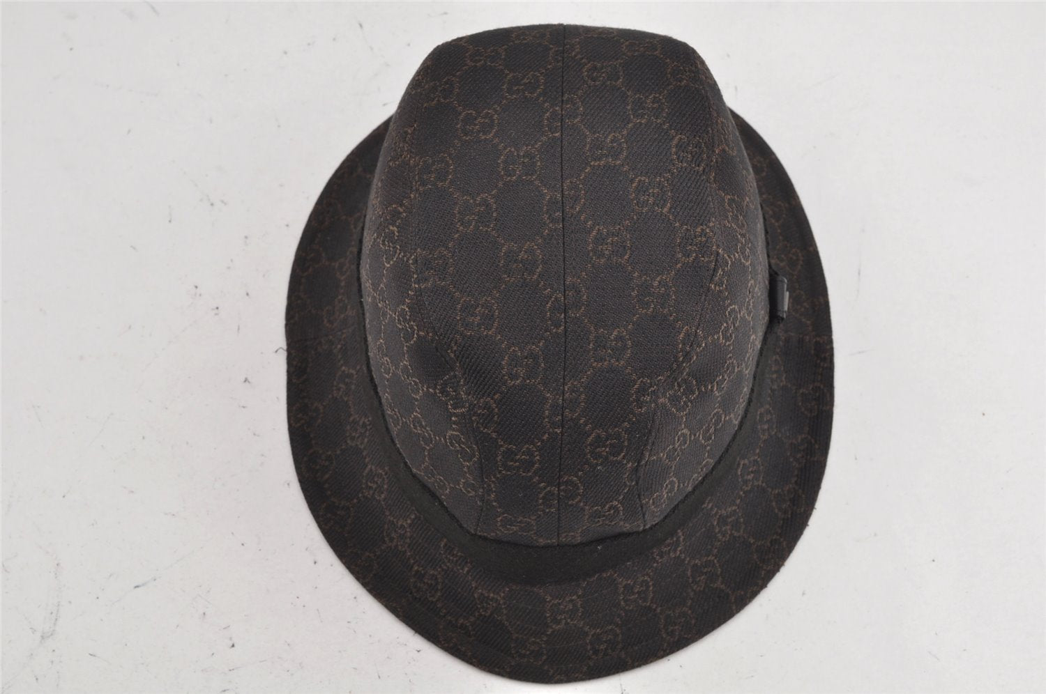 Authentic GUCCI Vintage Bucket Hat GG Canvas Leather Size L Brown 0062K