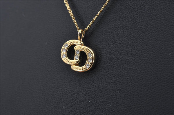 Authentic Christian Dior Gold Tone Chain Rhinestone Pendant Necklace CD 0063J