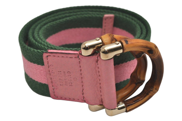 Auth GUCCI Bamboo Sherry Line Belt Canvas Leather 31.5" 138452 Green Pink 0063K