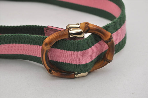 Auth GUCCI Bamboo Sherry Line Belt Canvas Leather 31.5" 138452 Green Pink 0063K