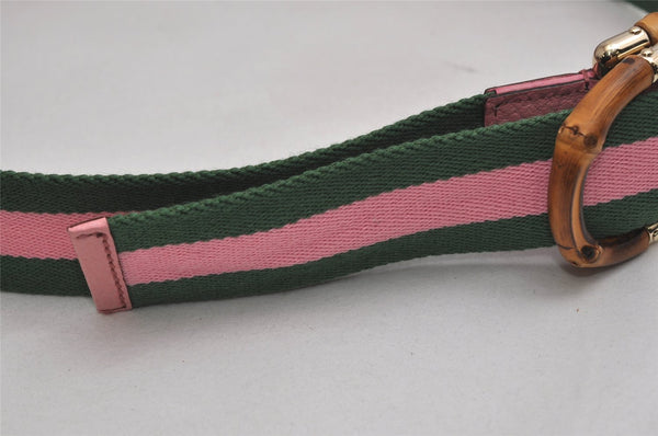 Auth GUCCI Bamboo Sherry Line Belt Canvas Leather 31.5" 138452 Green Pink 0063K