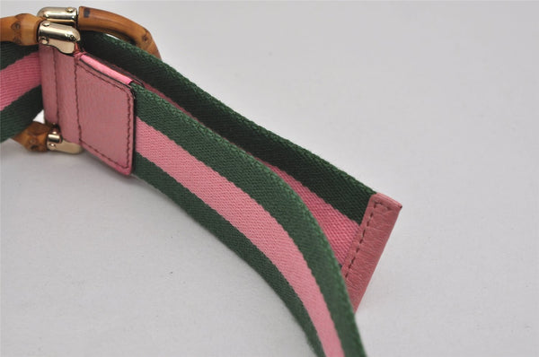 Auth GUCCI Bamboo Sherry Line Belt Canvas Leather 31.5" 138452 Green Pink 0063K