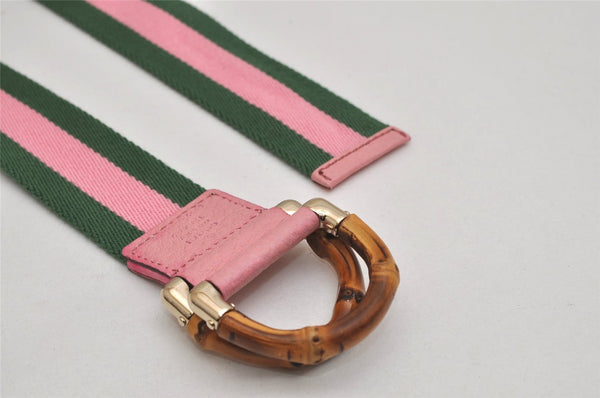 Auth GUCCI Bamboo Sherry Line Belt Canvas Leather 31.5" 138452 Green Pink 0063K