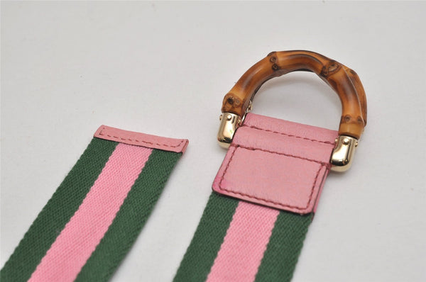 Auth GUCCI Bamboo Sherry Line Belt Canvas Leather 31.5" 138452 Green Pink 0063K