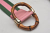 Auth GUCCI Bamboo Sherry Line Belt Canvas Leather 31.5" 138452 Green Pink 0063K