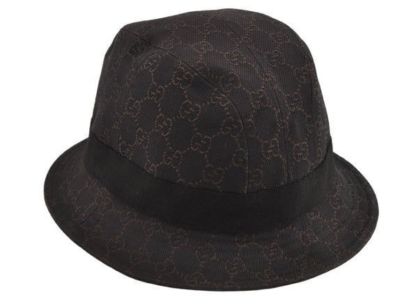 Authentic GUCCI Vintage Bucket Hat GG Canvas Leather Size M Brown 0065K