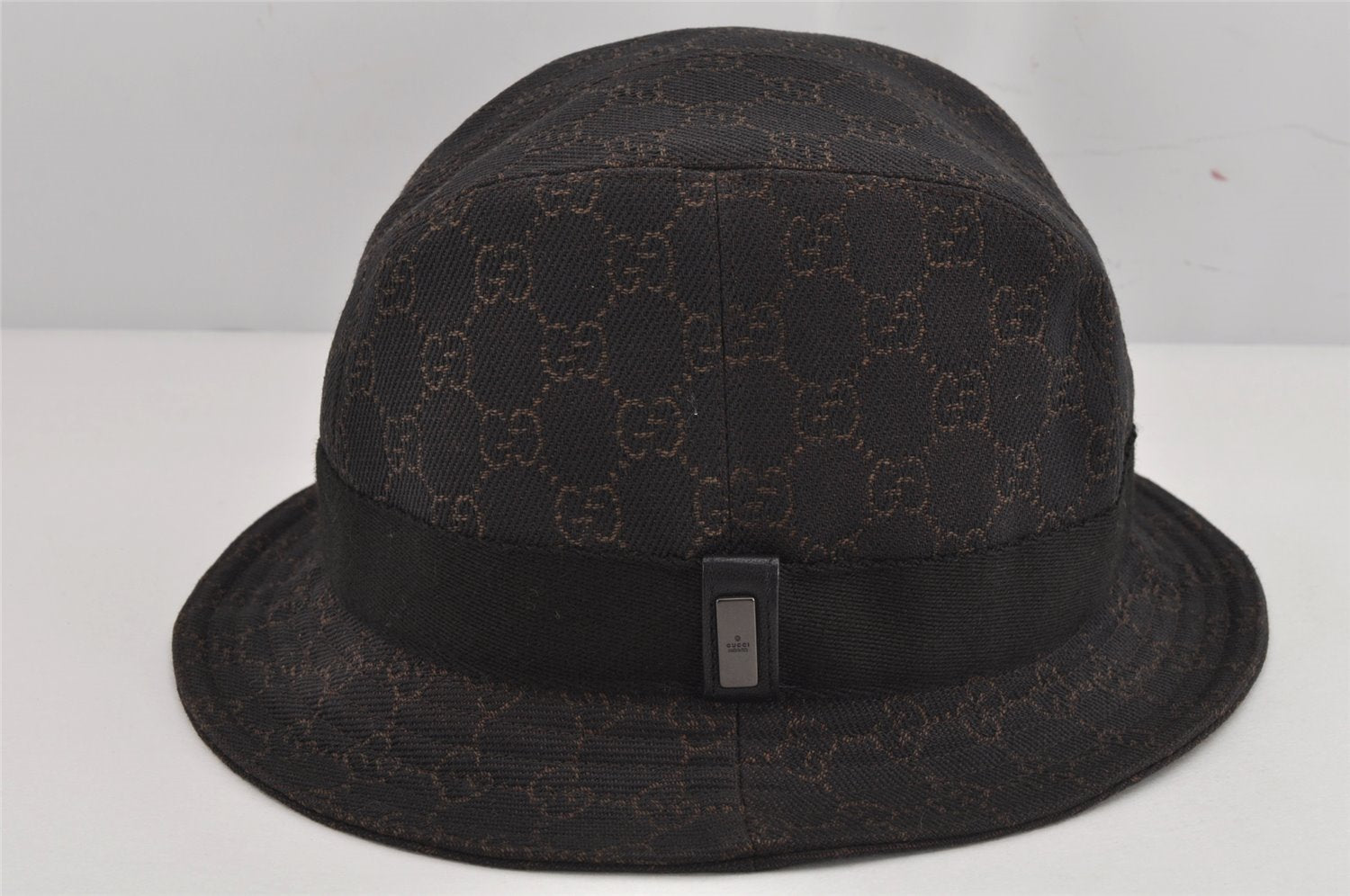 Authentic GUCCI Vintage Bucket Hat GG Canvas Leather Size M Brown 0065K