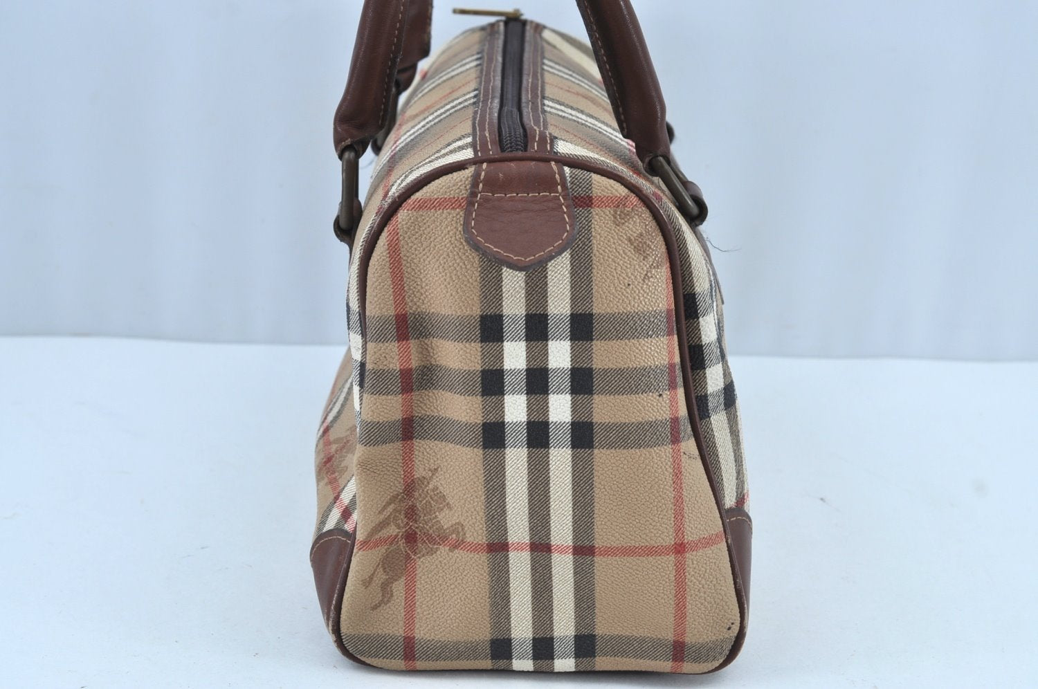 Authentic Burberrys Nova Check Hand Boston Bag PVC Leather Beige Junk 0067G