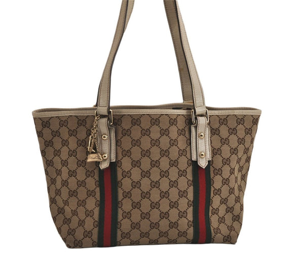 Authentic GUCCI Web Sherry Line Tote Bag GG Canvas Leather 137396 Brown 0072K