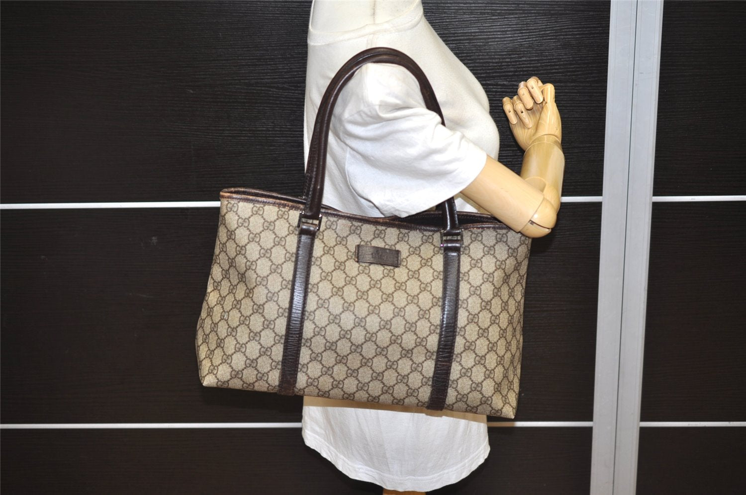 Authentic GUCCI Vintage Shoulder Tote Bag GG PVC Leather 114595 Brown 0073K