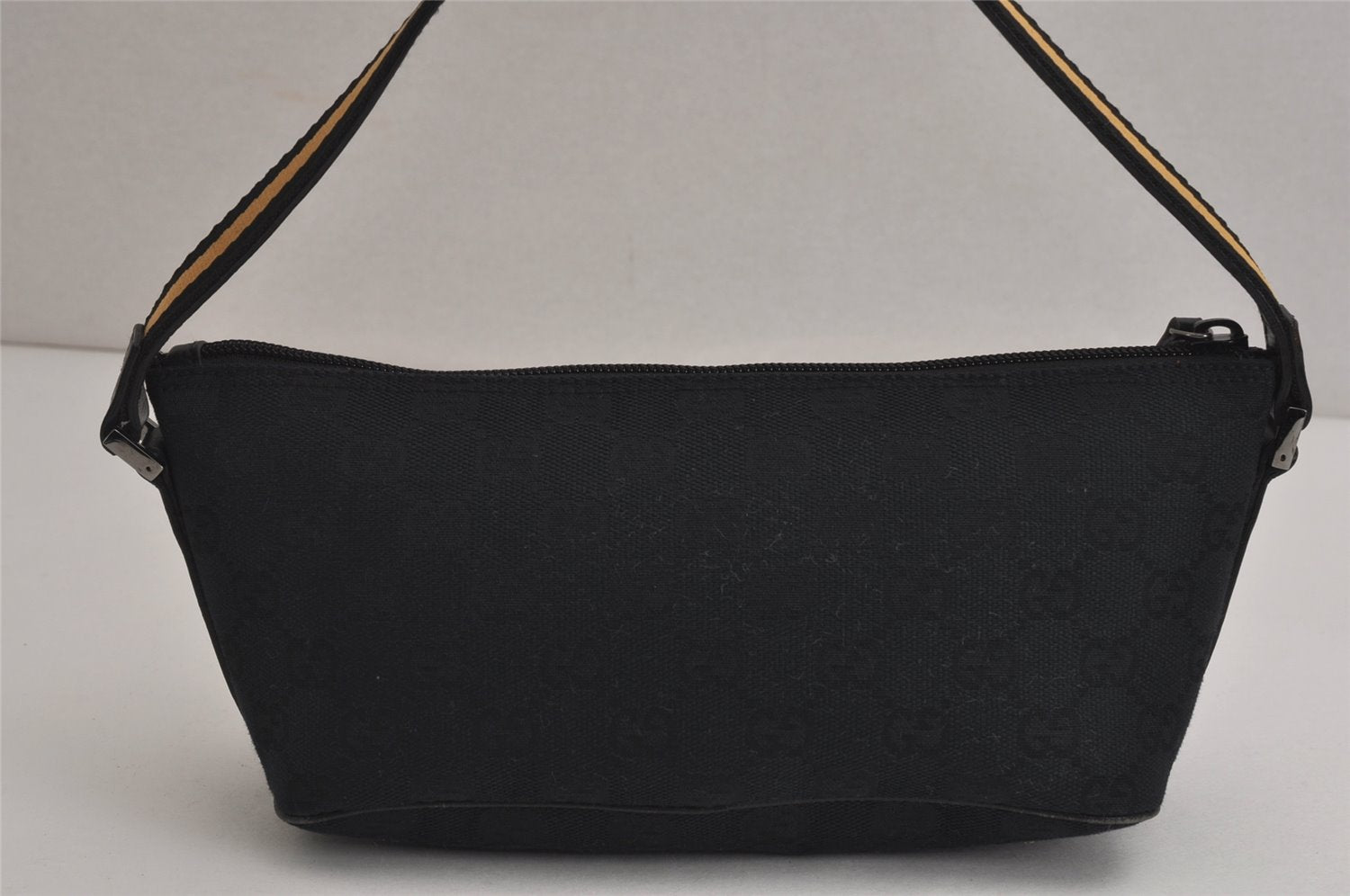 Authentic GUCCI Sherry Line Hand Bag Pouch GG Canvas Leather 141809 Black 0075K