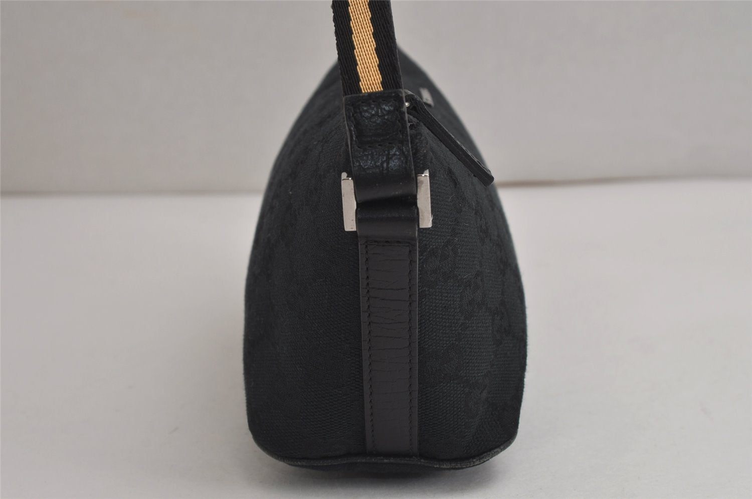 Authentic GUCCI Sherry Line Hand Bag Pouch GG Canvas Leather 141809 Black 0075K