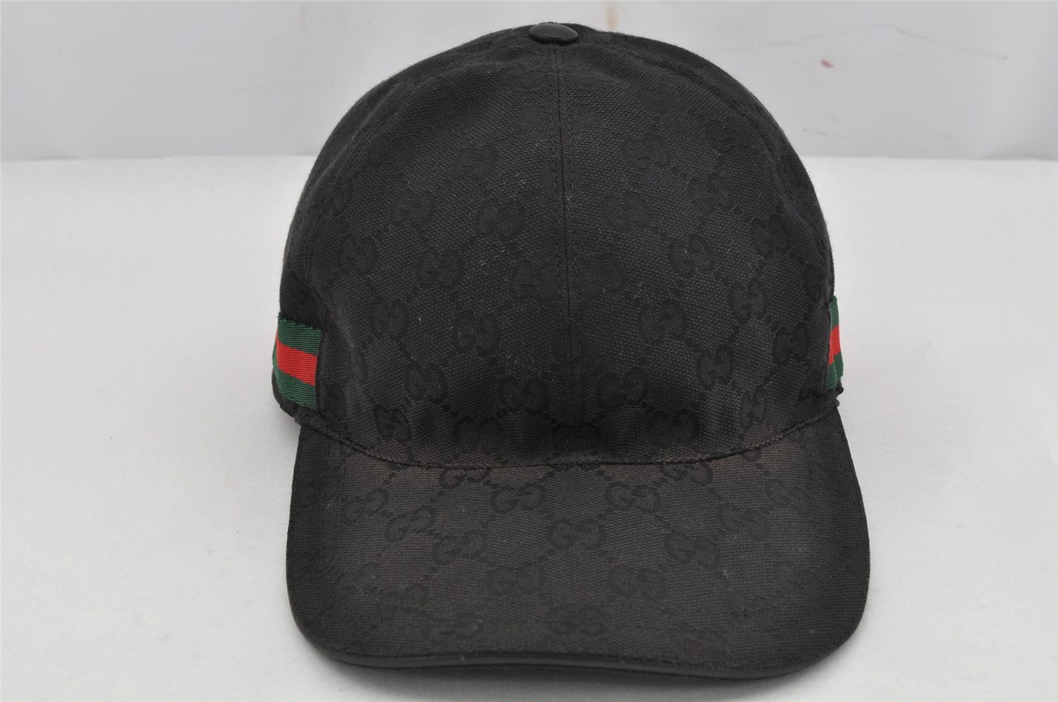 Authentic GUCCI Web Sherry Line Cap GG Canvas Leather Size M 200035 Black 0077K