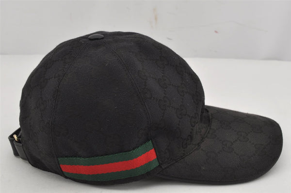 Authentic GUCCI Web Sherry Line Cap GG Canvas Leather Size M 200035 Black 0077K