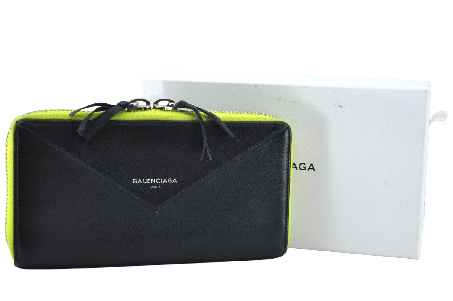Auth BALENCIAGA Papier Continental Zip Wallet Leather 381226 Black Box 0077M