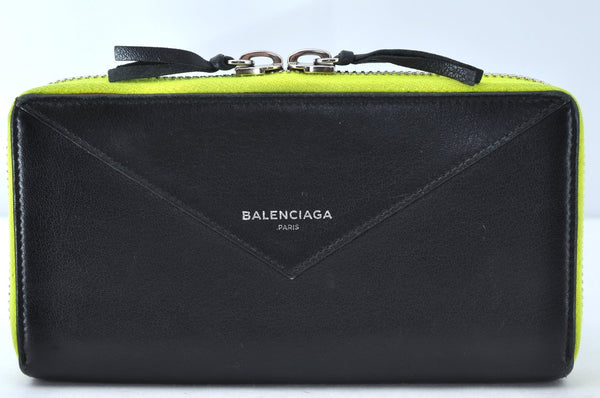 Auth BALENCIAGA Papier Continental Zip Wallet Leather 381226 Black Box 0077M